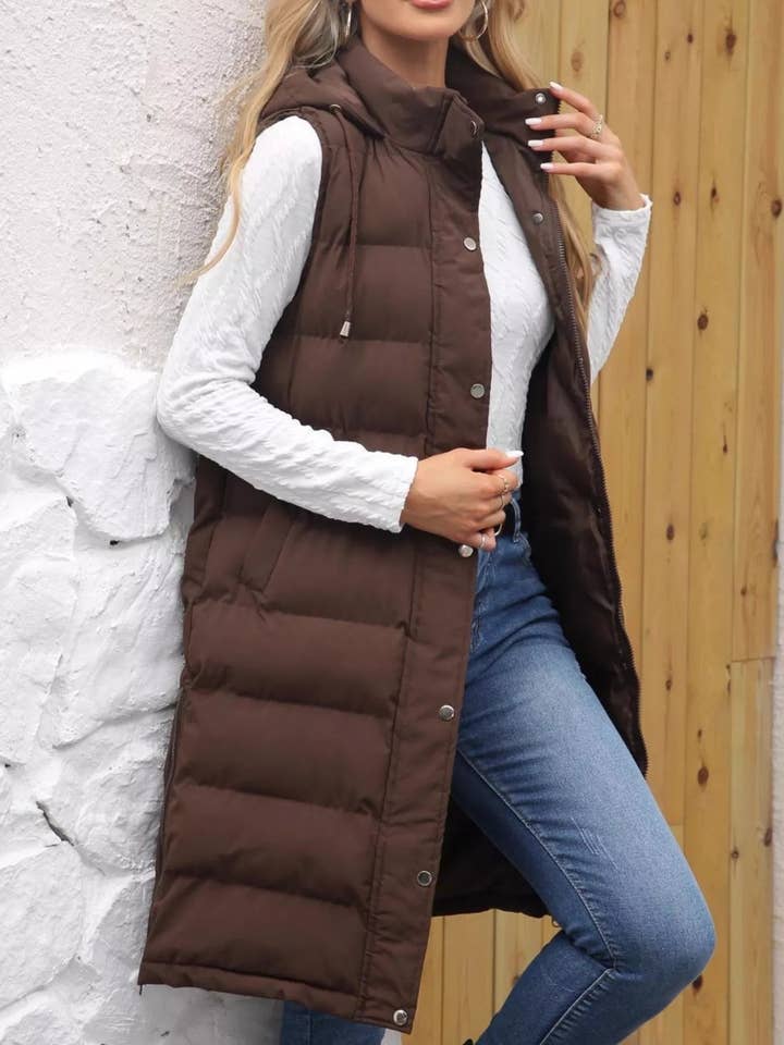 Full Size Snap Down Hooded Padded Longline Vest Coat Plus Size for wholesale by React Activewear