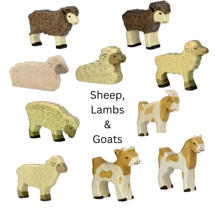 Holztiger træfigurer: får og geder for engroshandel hos Hello! Playdough!
