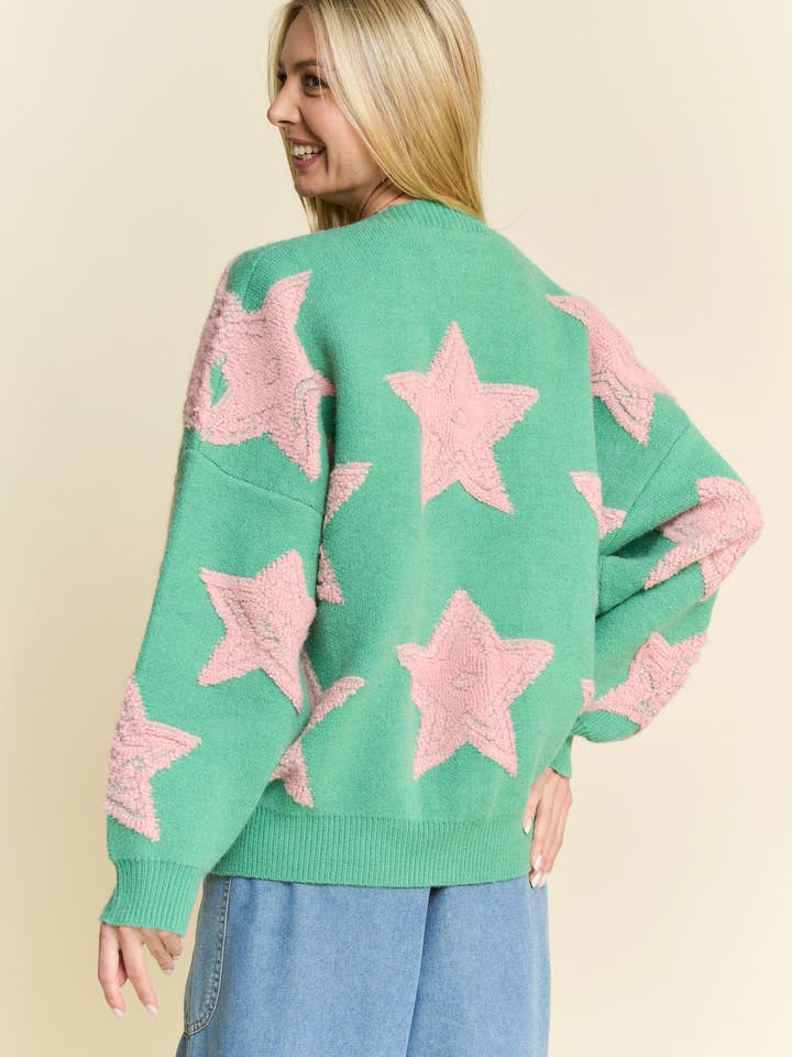 Davi & Dani - Wholesale Cardigan - Women's - FUZZY KNIT STAR LOOSE FIT BUTTON DOWN CARDIGAN5