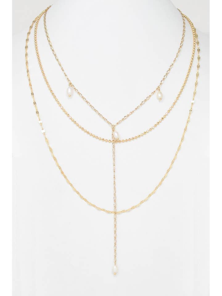Three Layered, Pearl, Tiny Ball Flat Chain Y Chain Necklace for wholesale by Suzie Q USA