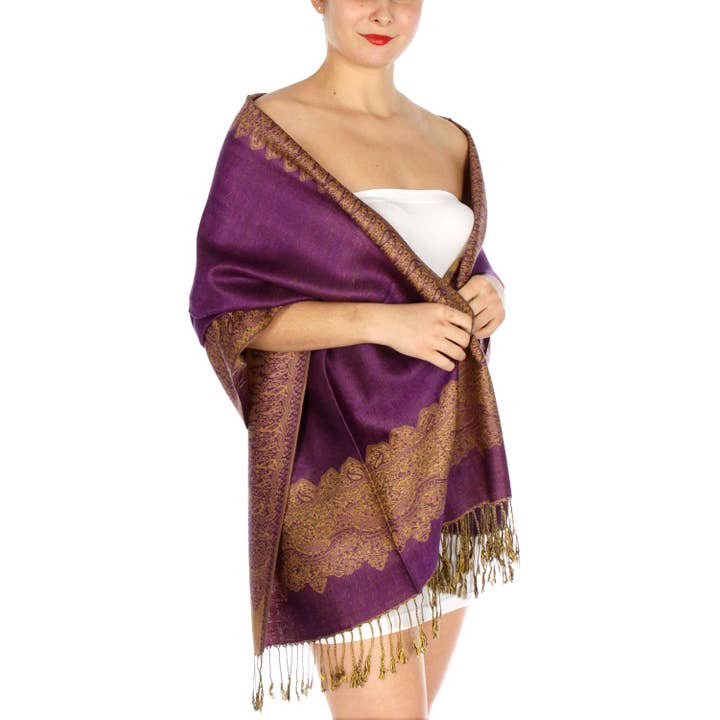 SERENITA - Wholesale Scarf - Women's - Pashmina Scarf Paisley Border Reversible Wrap Wedding Shawl 11