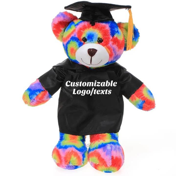 11″ Customizable Graduation Tie Dye Bear Plush in Cap & Gown for wholesale by Plushland