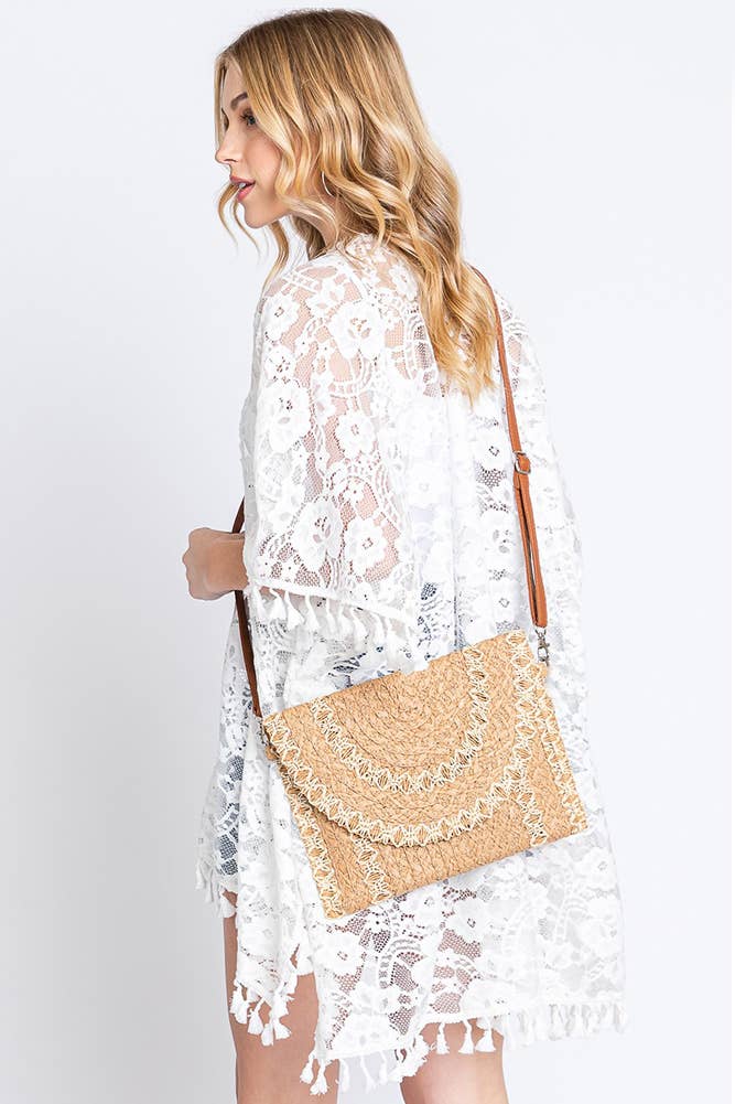 Hana - Vente Pochette – femme - Sac à bandoulière Stitch Detail Straw Clutch4