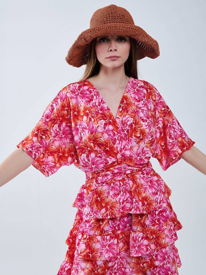 Floral printed Dress With Pink Orange and Red Tones for wholesale by Q2—All Orders:Free Duties for the US,UK,and Canada