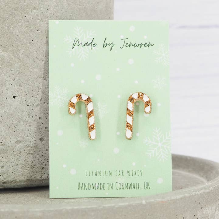 MadebyJenWren – wholesale Stud/post earrings – Gold glitter candy cane Christmas studs0