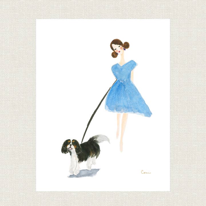 «Chica vestida de azul caminando en Tri Cavalier» para venta al por mayor de Connie Collum Art