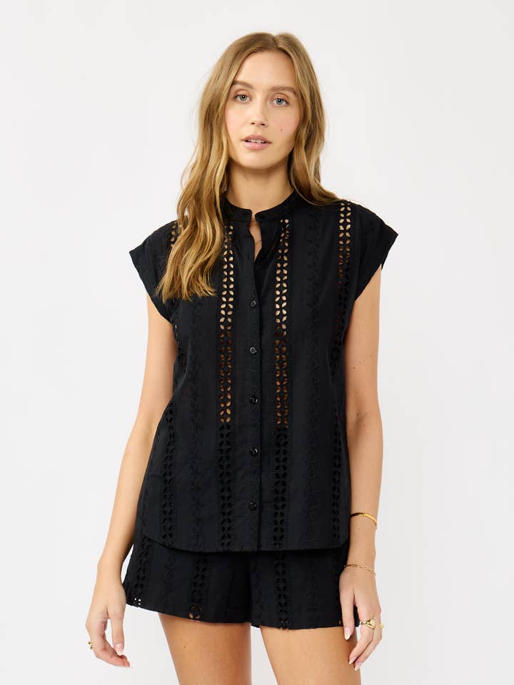 Floral Eyelet Mandarin Collar Camp Shirt for wholesale by Lovestitch