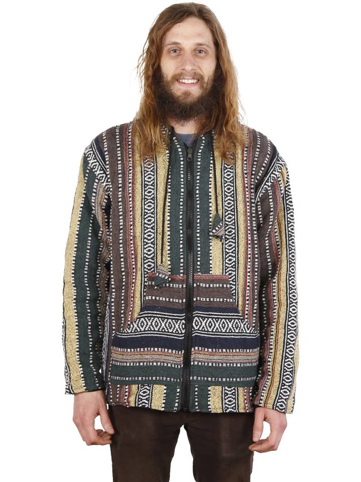 Sunshine Joy - Wholesale Hoodie - Men's - Reversible Fleece Lined Woven Baja Style Hoodie Zip Up Earth