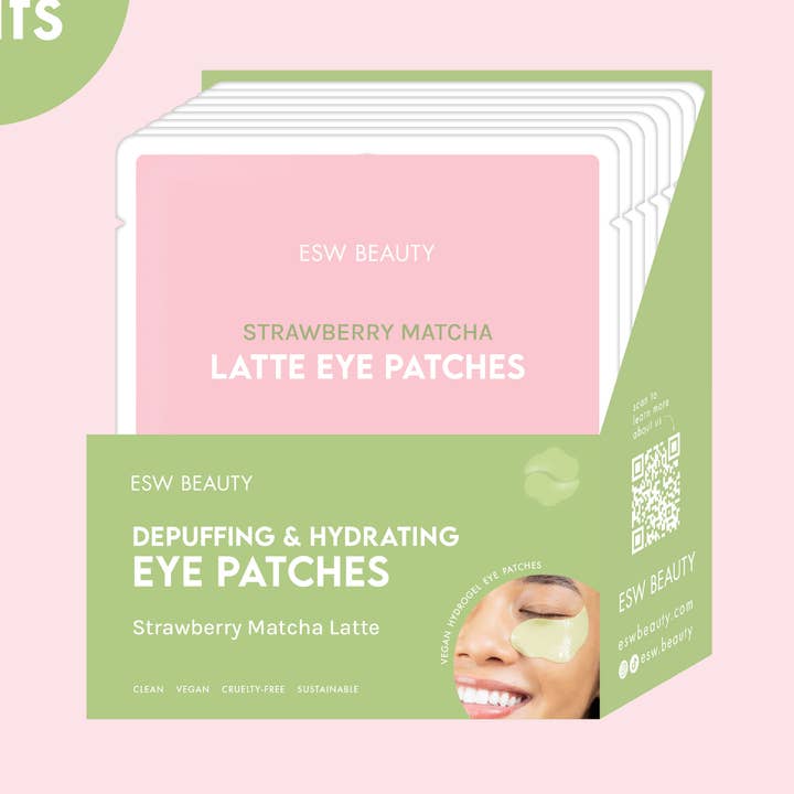 Strawberry Matcha Latte Depuffing & Hydrating Eye Patches Filled PDQ Display (10 pcs) for wholesale by ESW Beauty
