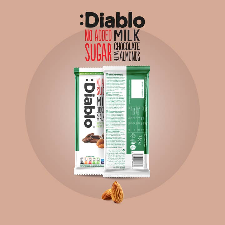 Diablo Sugar Free - Vendita all'ingrosso Barretta di cioccolato - :Diablo Stevia Cioccolato al Latte con Mandorle 75g