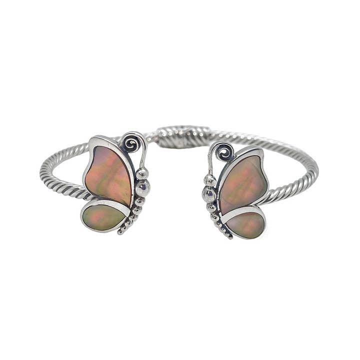 (518ETAN) Tan Mother Of Pearl Butterfly Silver Bracelet for wholesale by Vera Wolf