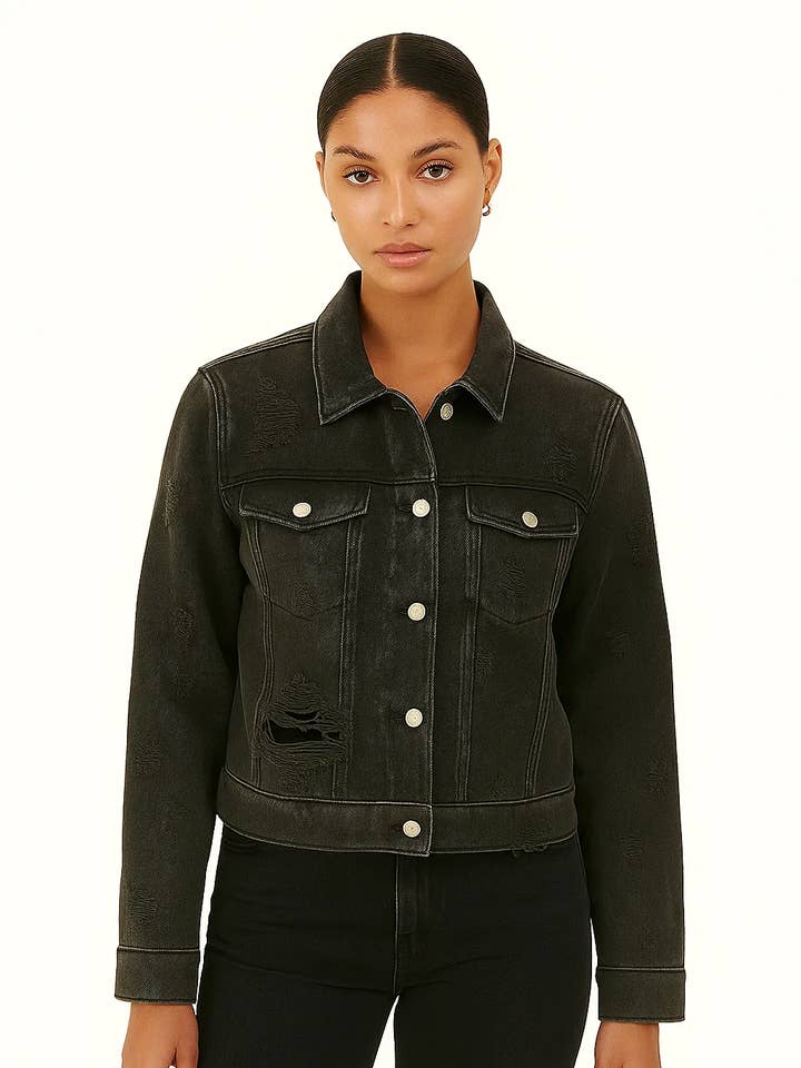 Women casual Black Distressed Denim Jacket / WCBDJ 14 for wholesale by Zovater Incorporation