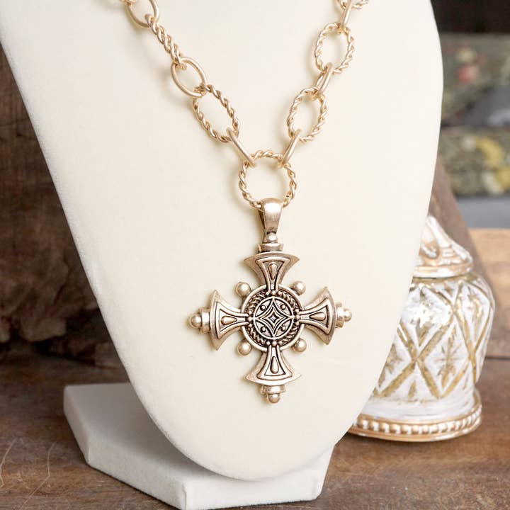 Decorative Cross Statement Necklace – Worn Gold Tone for wholesale by PennyLine inc