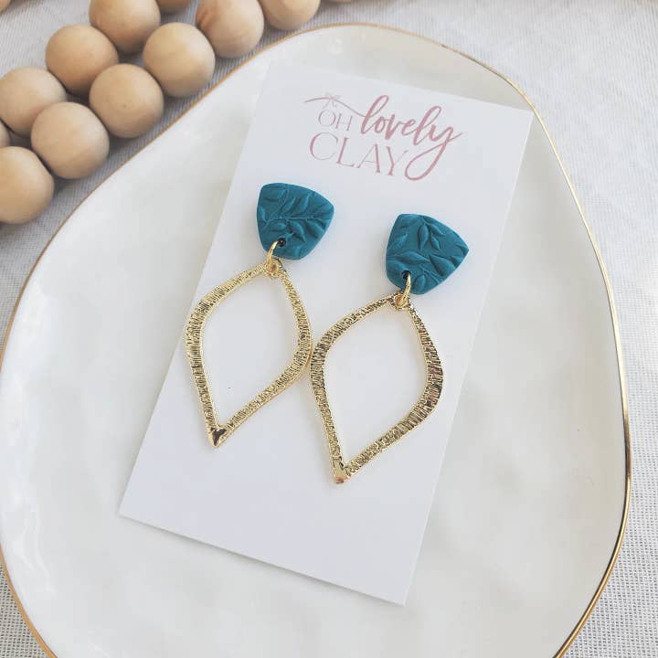 Teal Leaf Textured Earrings for wholesale by Oh Lovely Clay