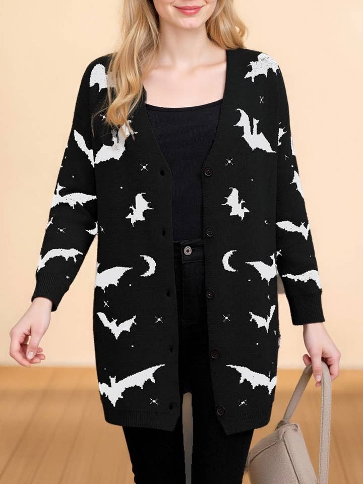 CWOCAL00697_HALLOWEEN BAT JACQUARD LONG SLEEVE CAPE CARDIGAN for wholesale by NINEXIS
