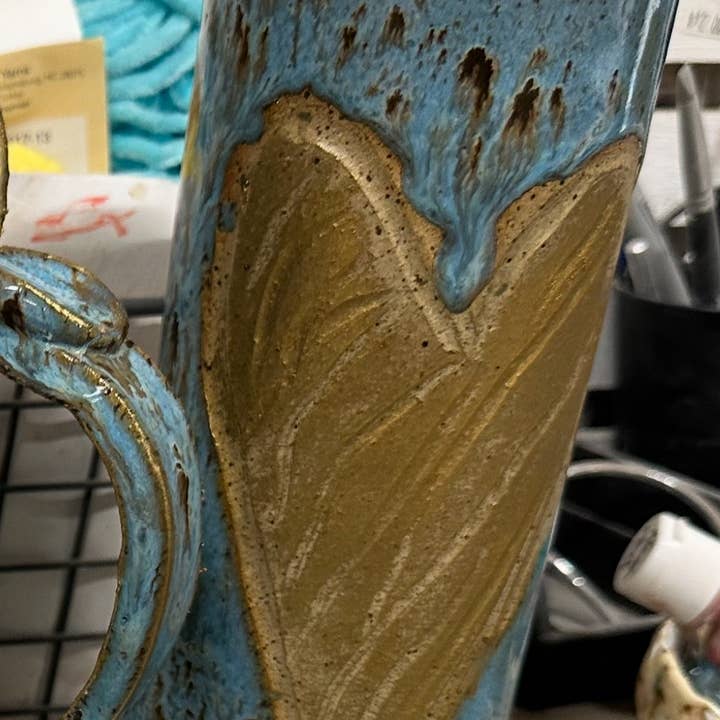 Wonky etched heart vase with gold distressed rub for wholesale by W.H.I.M. Pottery