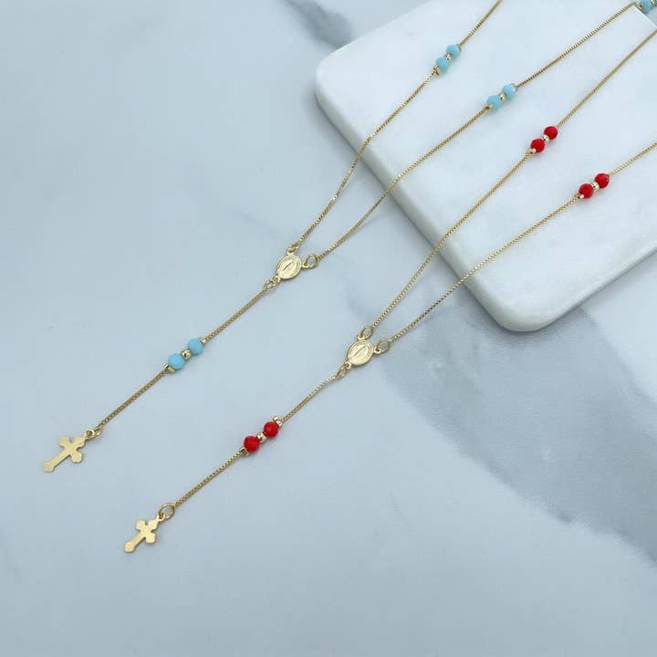 DIJU Jewelry - Wholesale Prayer beads necklace - 18k Gold Filled Box Chain and Red or Aqua Beads Details Rosary, Our Lady of Guadalupe, Wholesale Jewelry Making Supplies5