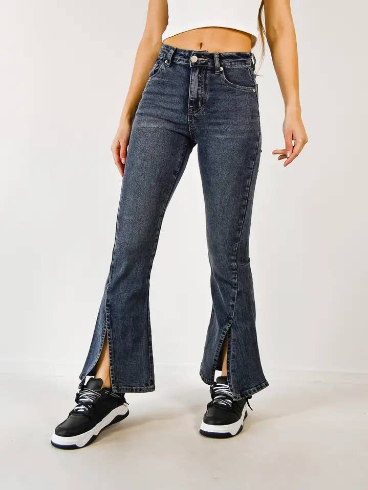 High-rise stretchy jeans with wide-leg fit and side slit. for wholesale by Kisaka LLC