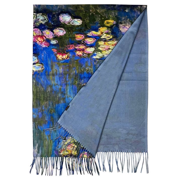 Blue Monet Water Lily Art Print Wool Tassel Scarf for wholesale on Faire1