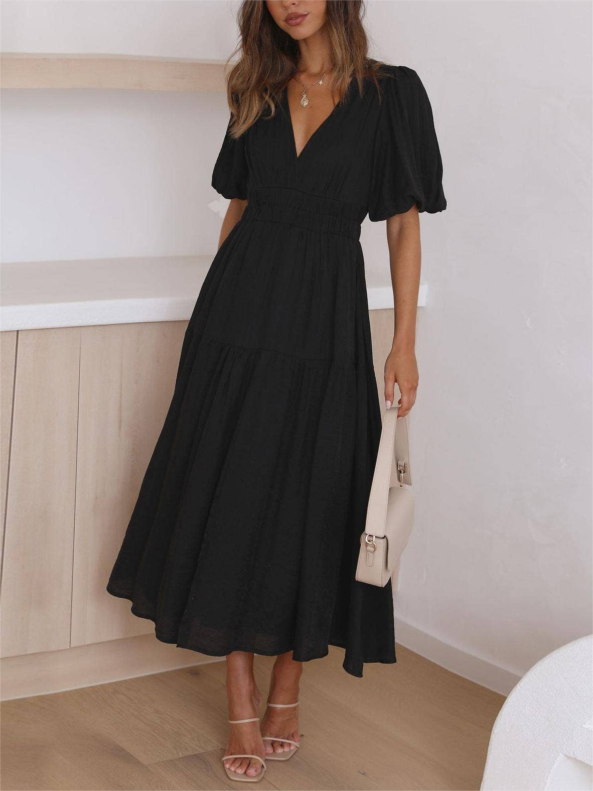 HIDDENBRAND - Wholesale Dress - Women's - V neck puff sleeves maxi dress0