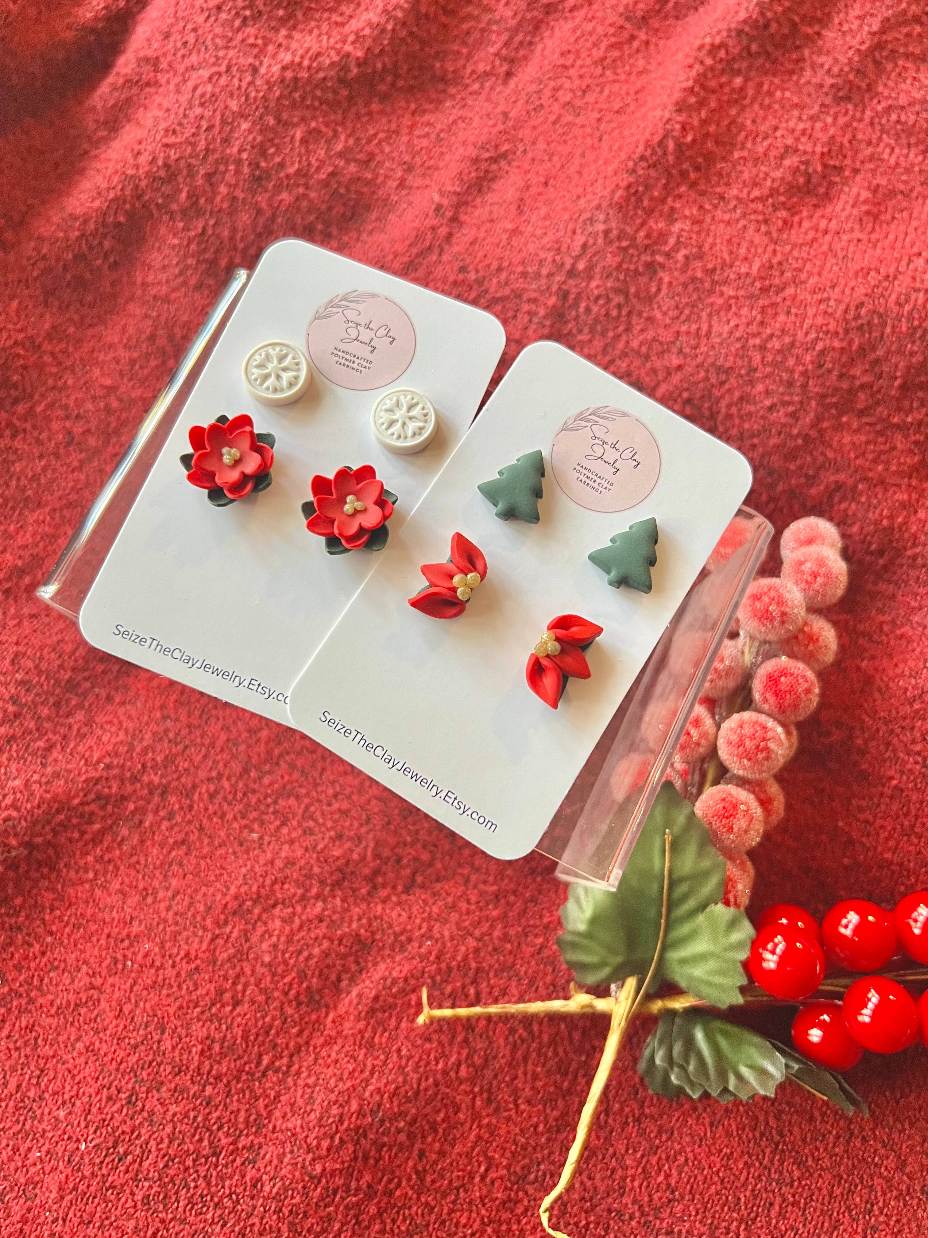 SeizeTheClayJewelry - Venta al por mayor Pendientes de botón/aretes de poste - Pendientes de flor de pascua, paquetes de pendientes navideños1