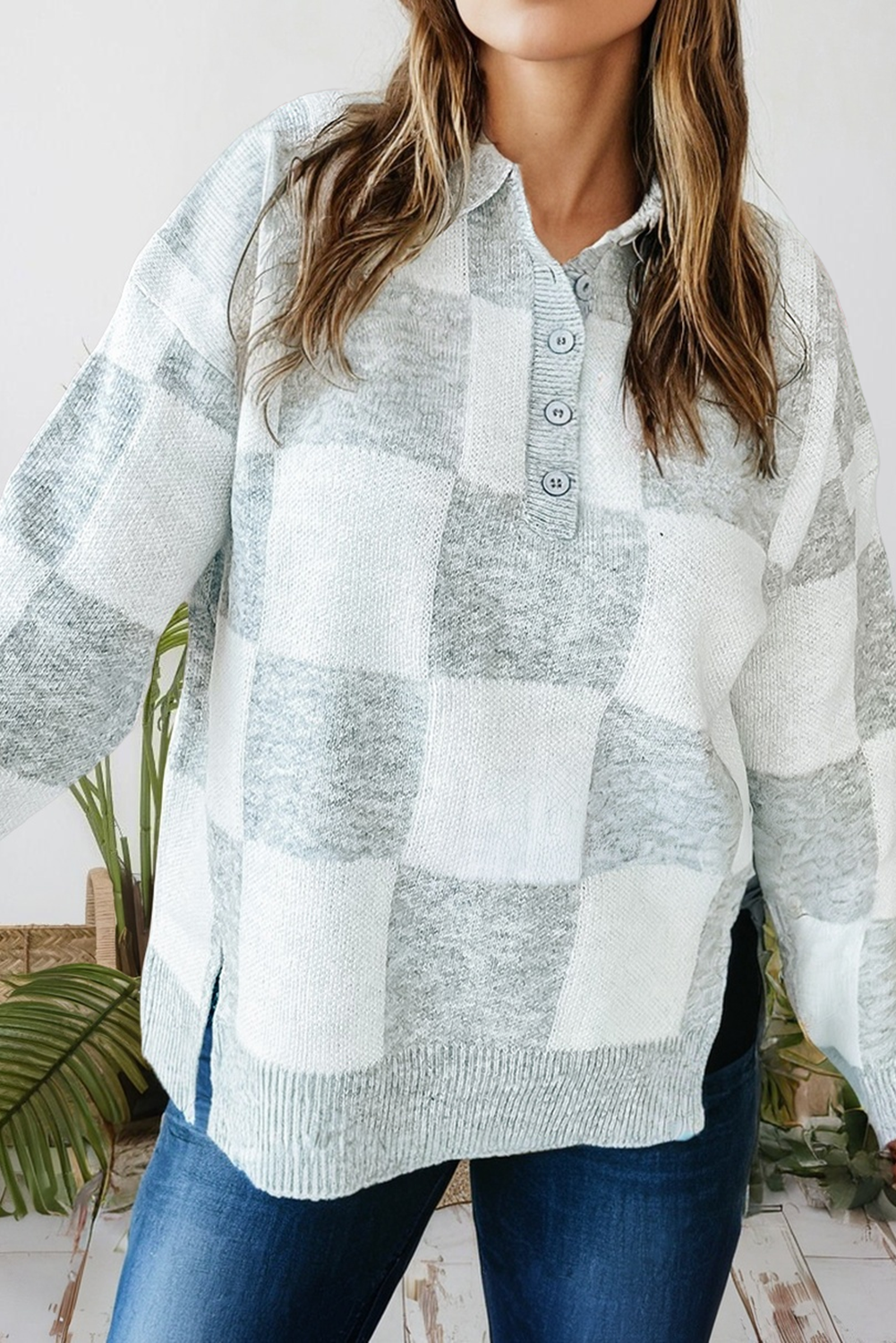 Gray Plus Size Checkered Pattern Button Polo Collar Split Sweater for wholesale on Faire0