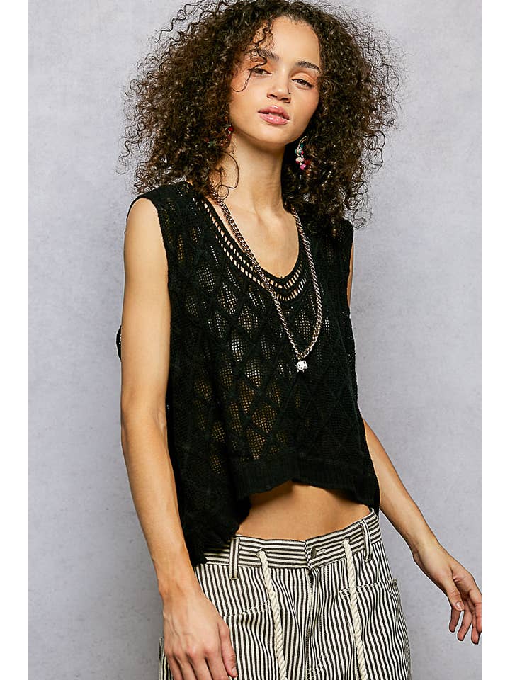 Pol Clothing - Wholesale Knit Top - Women's - V-neck Diamond Weave Crochet Sleeveless Knit Top 1