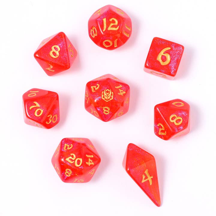 HY02027 Rouleaux forgés par le dragon - Ensemble de dés polyédriques 8 pièces à bord arrondi - Boule de feu pour la vente par Hymgho Premium Dice
