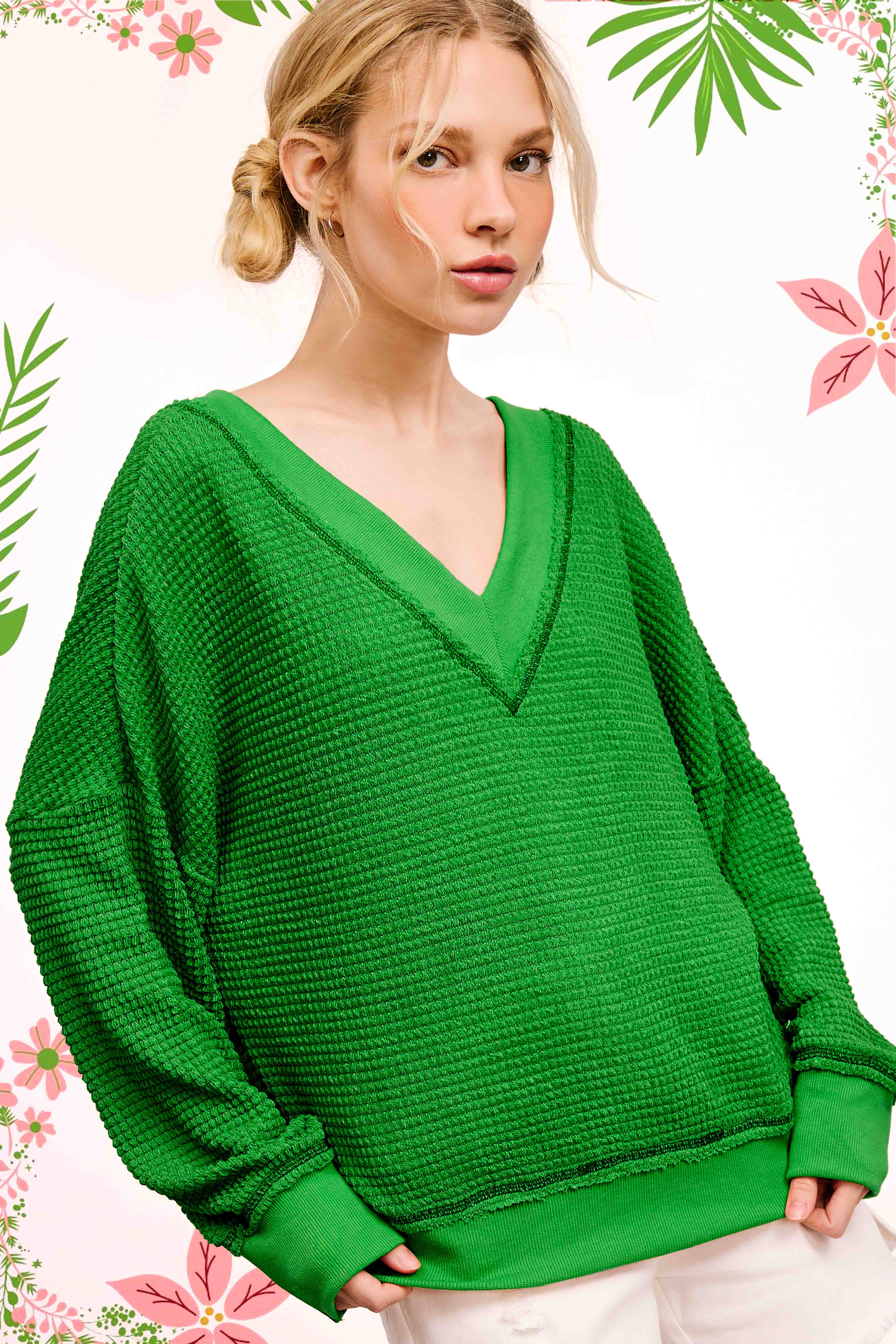 La Miel – Großhandel Strickoberteil – Damen – JLT7410-Langarmshirt mit Waffelstruktur und V-Ausschnitt in lockerer Passform27