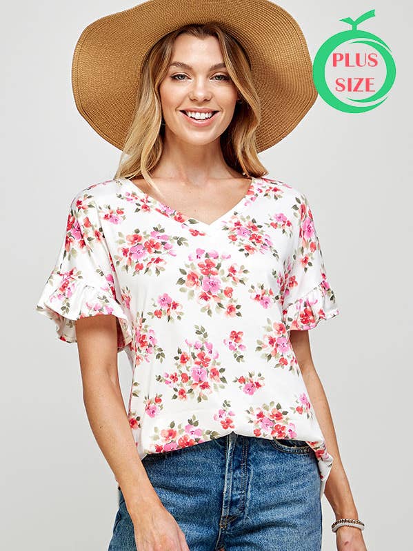 Haut à col en V à manches volantées et imprimé floral de grande taille pour la vente par Melon Fashion
