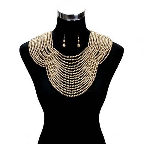 anbfashion - Wholesale Jewelry Set - SCALLOPED MULTILAYER PEARL BIB BODY NECKLACE SET NPY0321