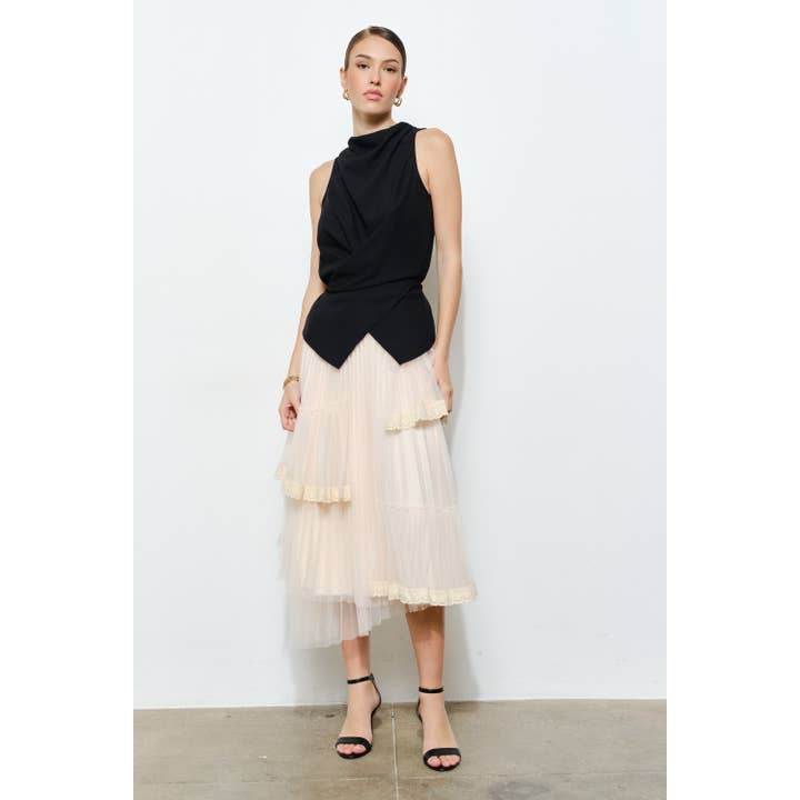 INA - Vente Jupe – femme - Jupe midi superposée élégante avec bordure en dentelle transparente8