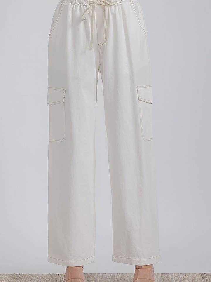 ROUSSEAU - Wholesale Pants - Women's - ELASTIC WAIST CARGO POCKETS WIDE LEG DENIM PANTS