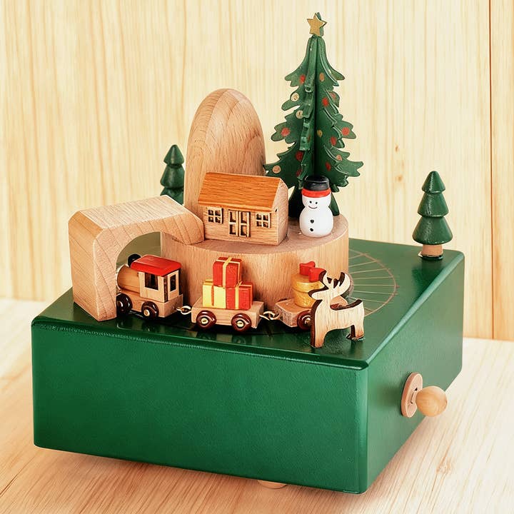 Handcrafted Wind-Up Green Wooden Christmas Train Music Box for wholesale by GirlyPirateCo