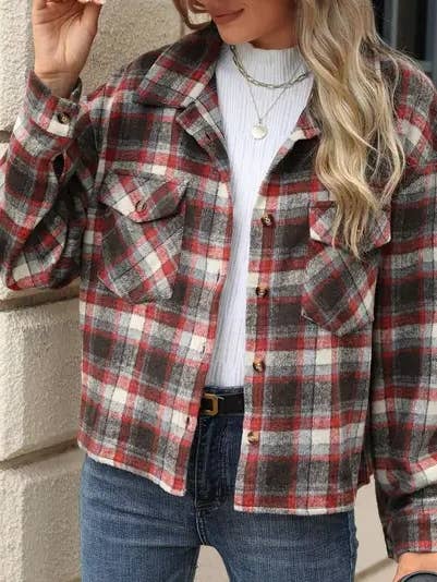Lovesoft - Wholesale Shirt Jacket/Shacket - Women's - Long Sleeve Loose Pocket Plaid Top Wool Jacket