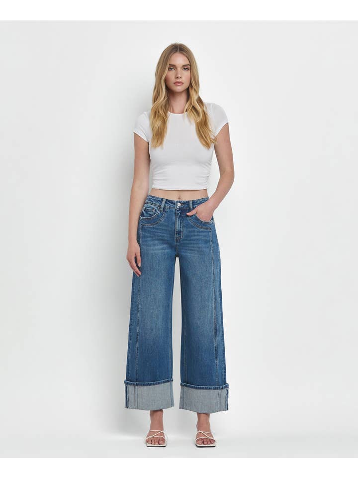 JOYSOME SUPER HIGH RISE CUFFED BAGGY WIDE JEANS F5856 for wholesale on Faire