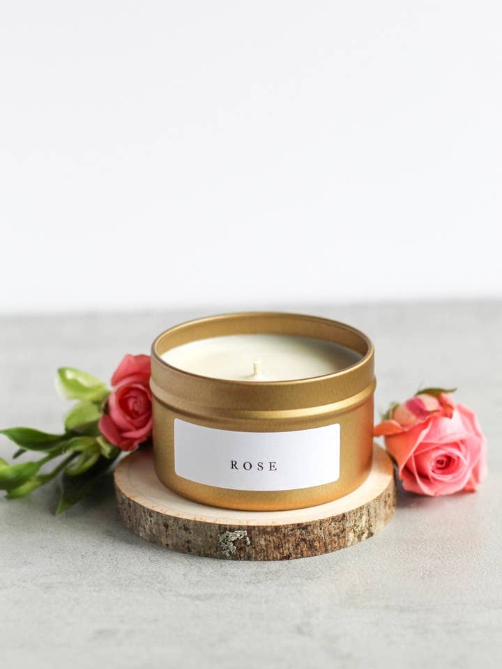 Rose Soy Candle, Hand Poured, Natural, Eco Friendly, Earthy Scent, 4 oz tin for wholesale by Alder and Loam