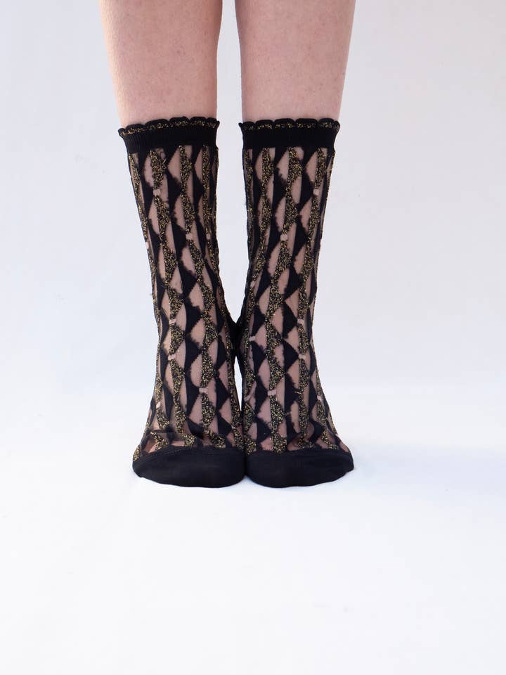 Atelier St Eustache - Wholesale Socks - Women's - ARLECCHINO GOLD • Women's graphic sheer socks