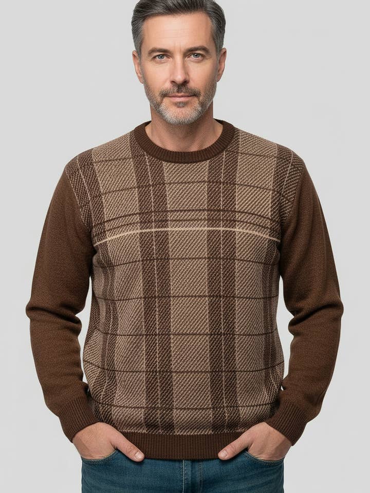 Felsenkind herrtröja, stickad – varm vintertröja med rutmönster, rund hals, brun/beige för wholesale av Felsenkind