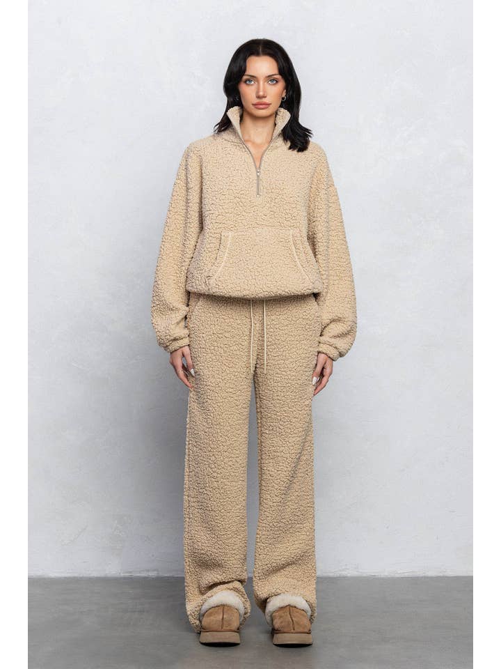 No Vacancy - Wholesale Lounge Set - Women's - Teddy bear cozy half zipup top and straight pants lounge set