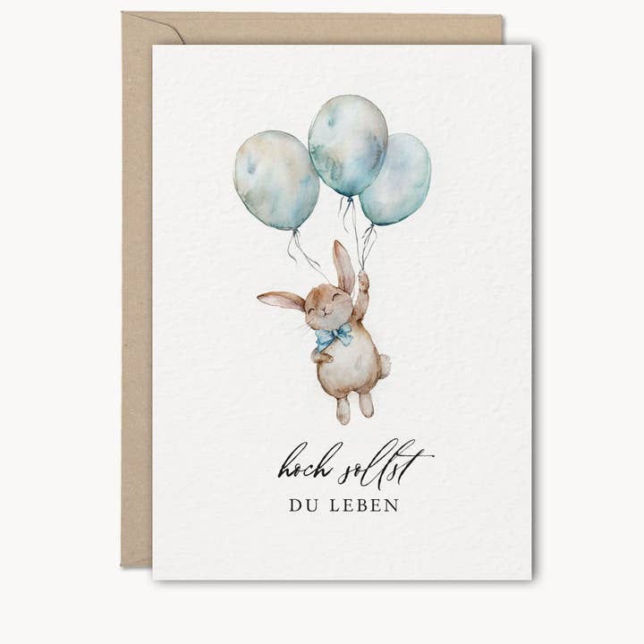 NORDEULE - Wholesale Birthday Card - Greeting card rabbit with balloons "long may you live" & envelope