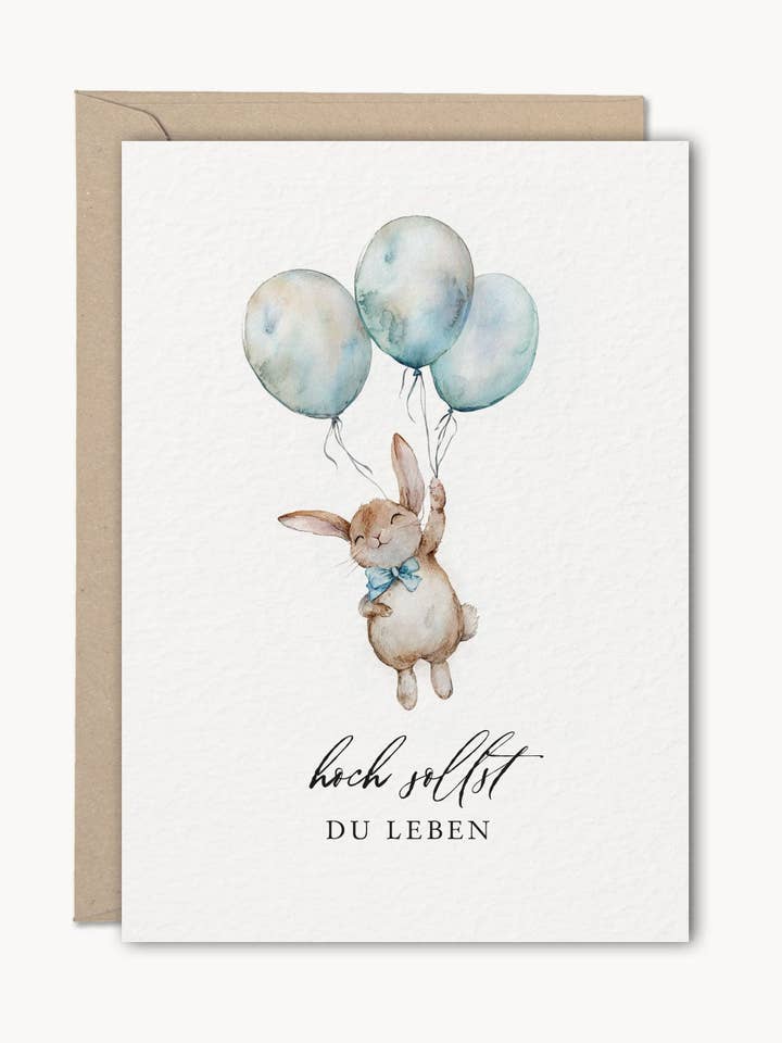 Greeting card rabbit with balloons "long may you live" & envelope for wholesale by NORDEULE