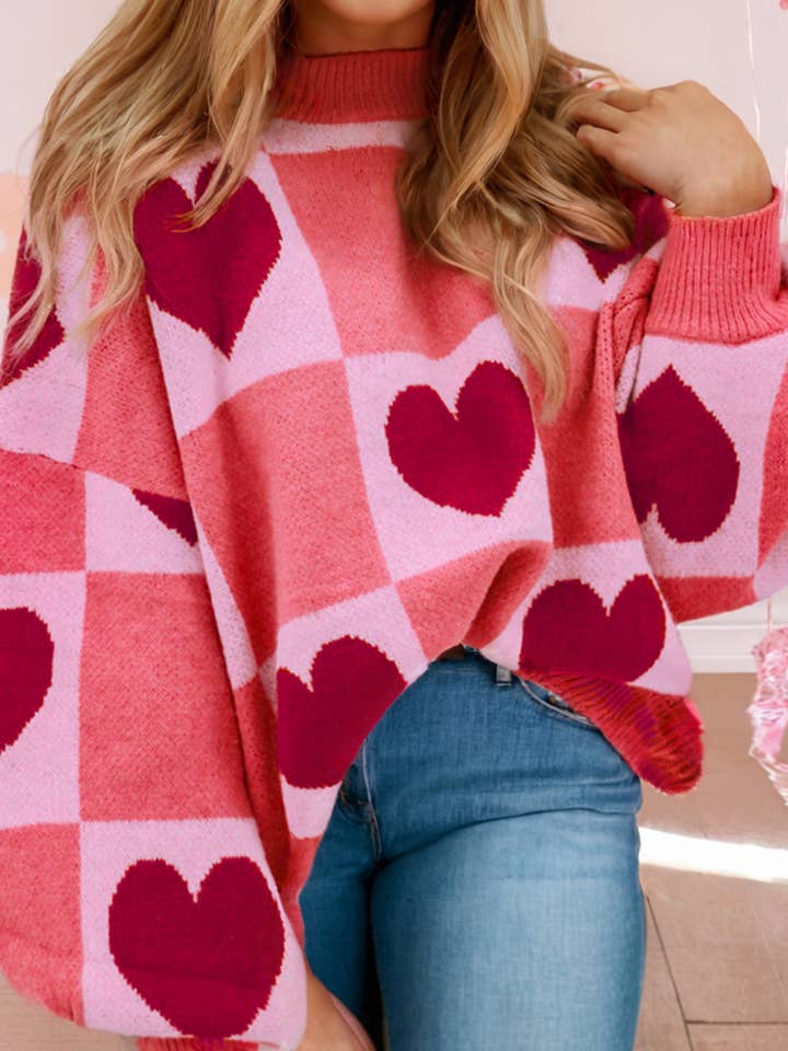 LDC Love Heart Block Mock Neck Valentine Sweater| S-4X for wholesale by Little Daisy Closet