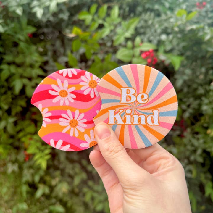 XO Wholesale - Wholesale Car Coaster - Women's - Colorful Be Kind Happy Face Flowers Neoprene Car Coasters
