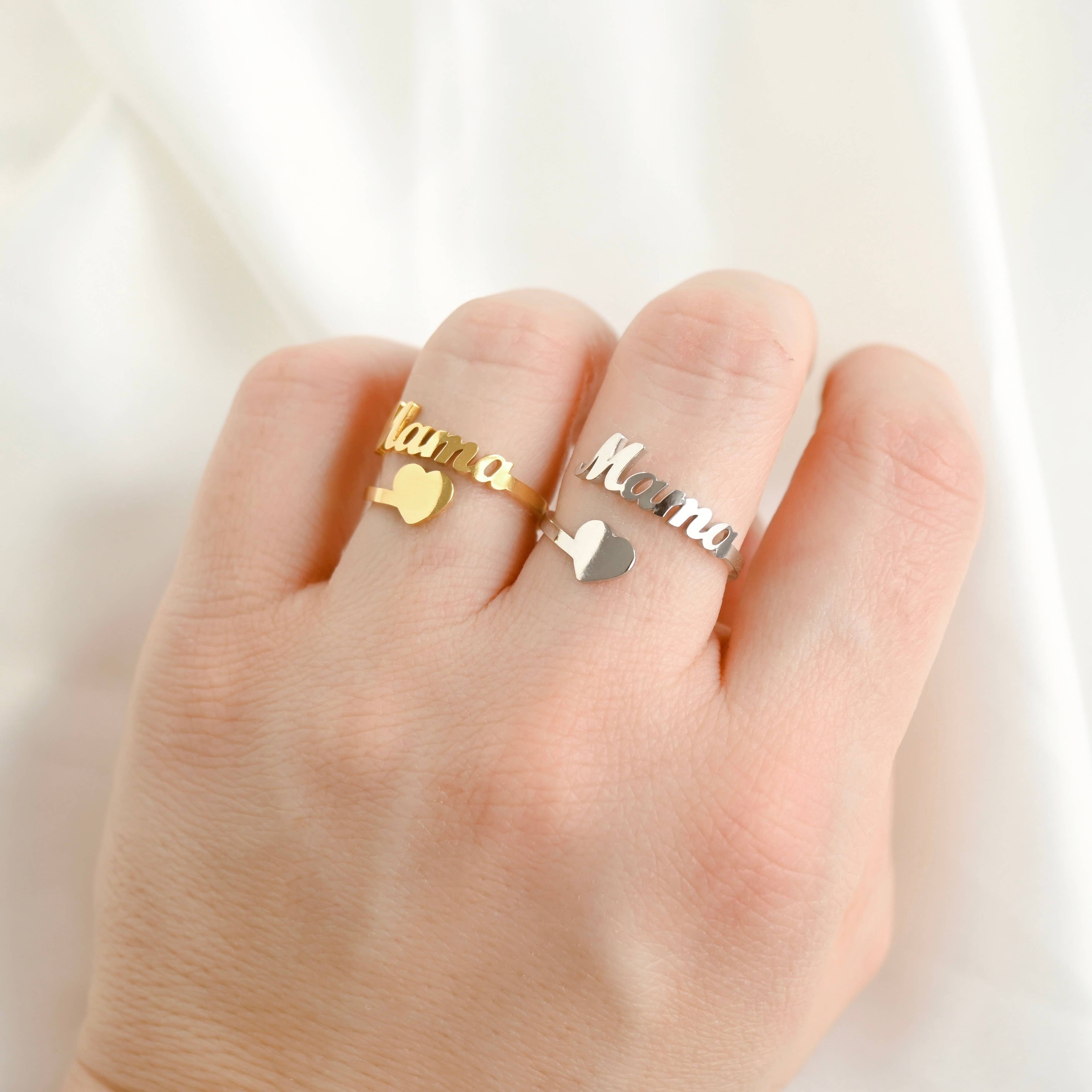 Blueyejewelry – wholesale Band/Stackad Ring – Mama hjärtring - Öppen guldmama-ring - Smyckesgåva till mamma3