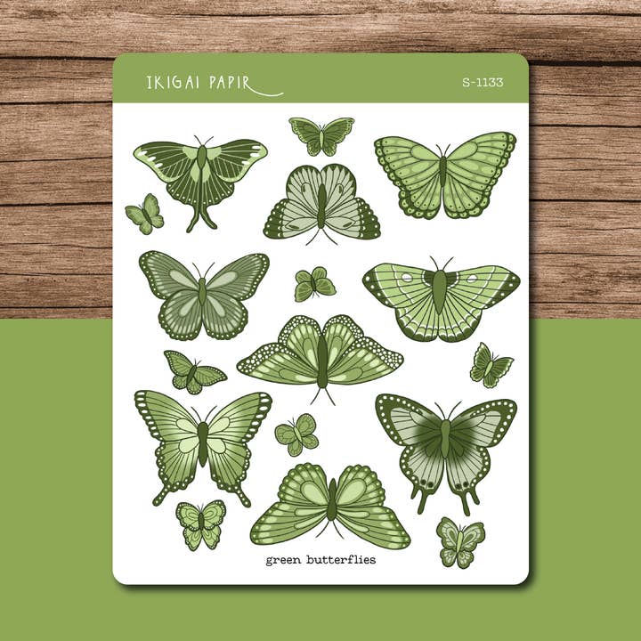 Grønne sommerfugle klistermærke ark for engroshandel hos Ikigai Papir