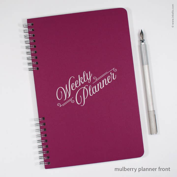 Inkello Letterpress - Wholesale Planner - Weekly Planner with Mulberry Cover and Silver Script Design