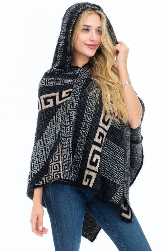 Cap Zone - Vente Poncho – femme - Poncho à capuche en faux angora Greek Key14
