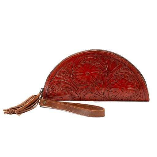 Tooled leather halfmoon wristlet #AB 1779 for wholesale by Leather Impressions Inc