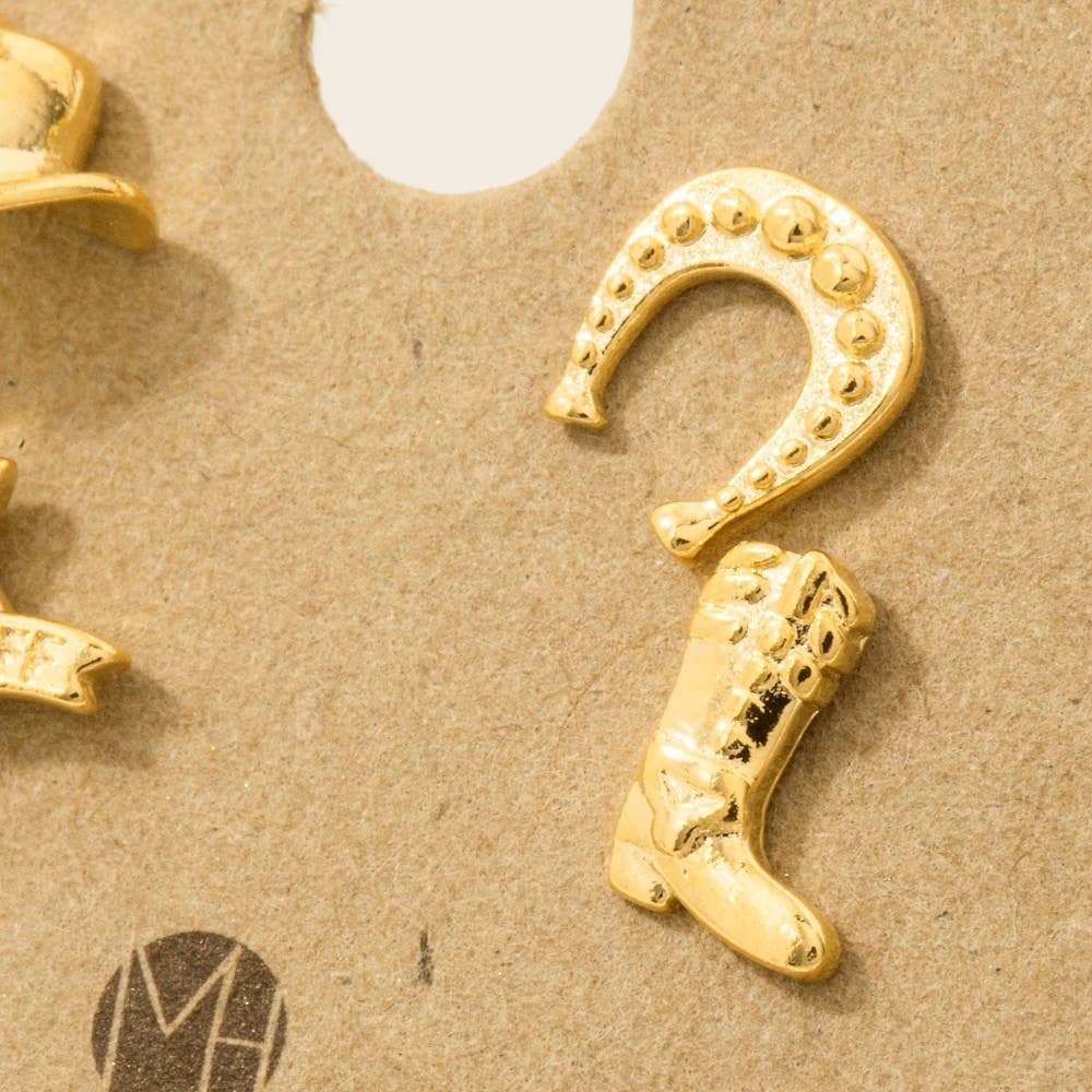 Fame Accessories - Wholesale Stud/Post Earrings - Western Gold Dipped Western Sheriff Theme Stud Earrings Set2